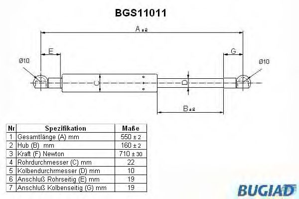 Газовая пружина, крышка багажник BUGIAD BGS11011