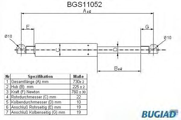 Газовая пружина, крышка багажник BUGIAD BGS11052