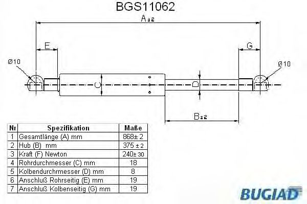 Газовая пружина, крышка багажник BUGIAD BGS11062