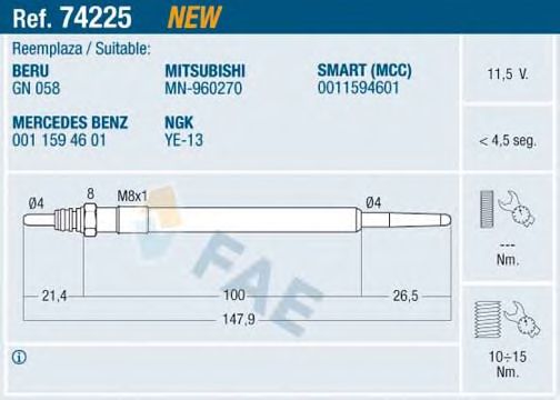 Свеча накаливания FAE 74225