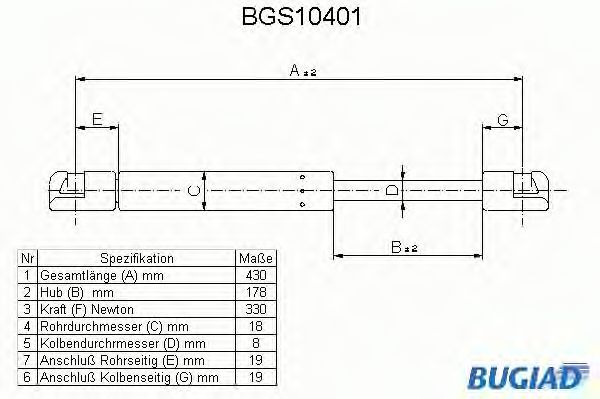 Газовая пружина, крышка багажник BUGIAD BGS10401