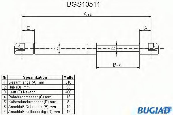 Газовая пружина, крышка багажник BUGIAD BGS10511