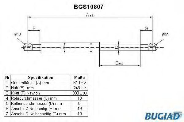 Газовая пружина, крышка багажник BUGIAD BGS10807