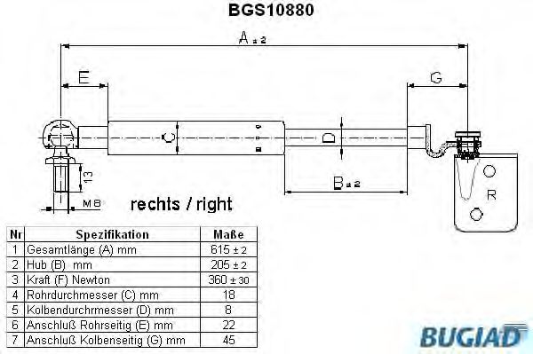 Газовая пружина, крышка багажник BUGIAD BGS10880