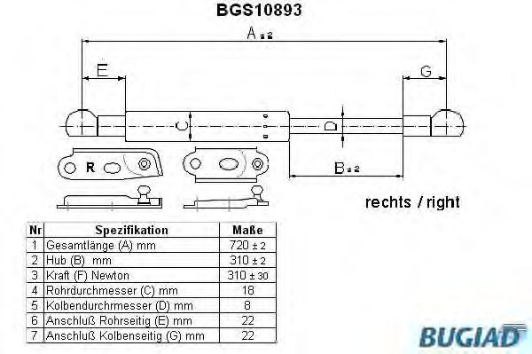 Газовая пружина, крышка багажник BUGIAD BGS10893