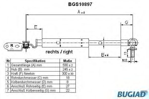 Газовая пружина, крышка багажник BUGIAD BGS10897