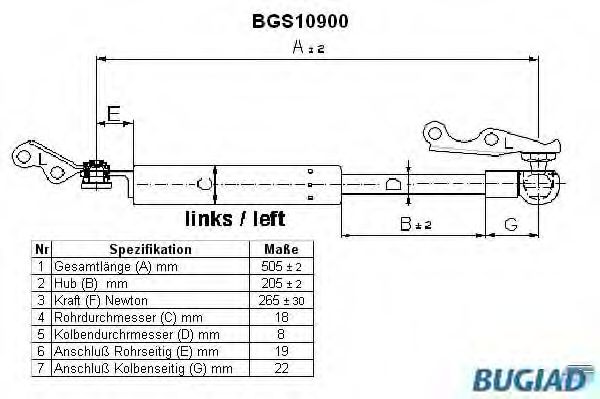 Газовая пружина, крышка багажник BUGIAD BGS10900