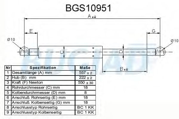 Газовая пружина, крышка багажник BUGIAD BGS10951