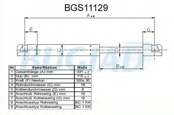 Газовая пружина, крышка багажник BUGIAD BGS11129