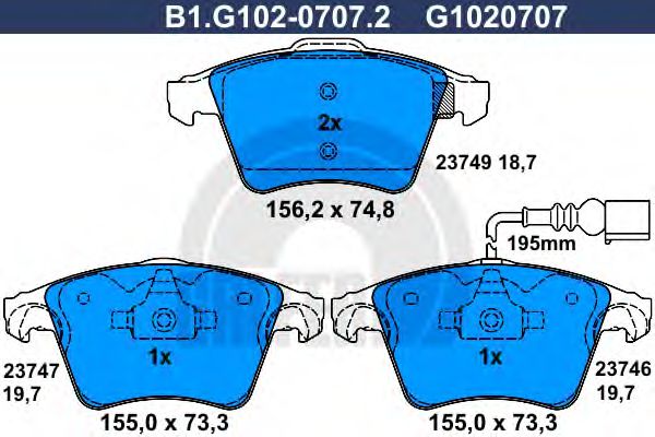 Комплект тормозных колодок, дисковый тормоз GALFER B1.G102-0707.2