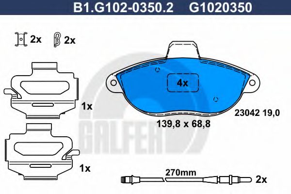 Комплект тормозных колодок, дисковый тормоз GALFER B1.G102-0350.2