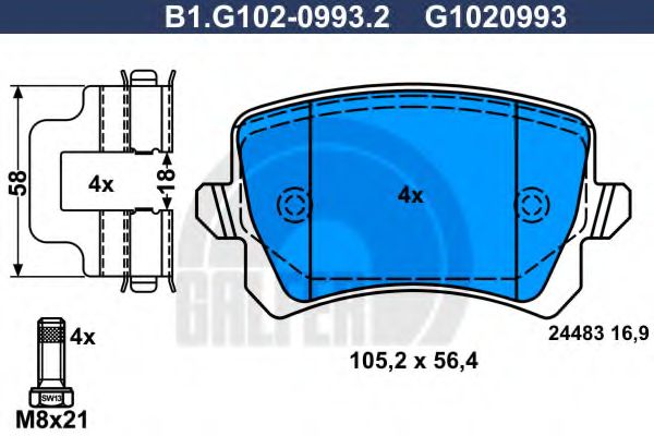 Комплект тормозных колодок, дисковый тормоз GALFER B1.G102-0993.2