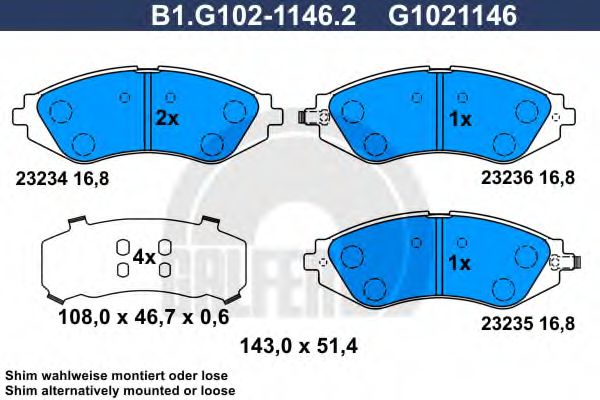Комплект тормозных колодок, дисковый тормоз GALFER B1.G102-1146.2