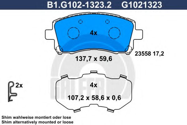 Комплект тормозных колодок, дисковый тормоз GALFER B1.G102-1323.2