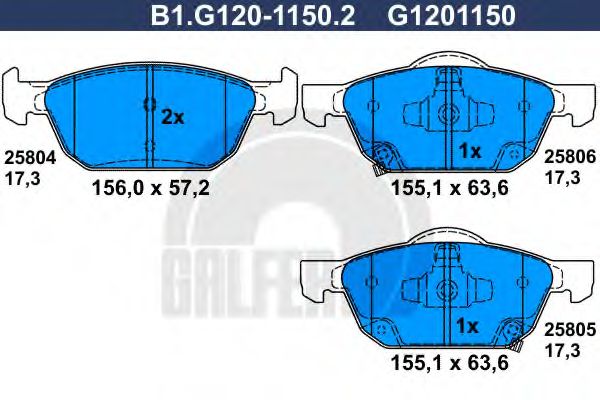 Комплект тормозных колодок, дисковый тормоз GALFER B1.G120-1150.2