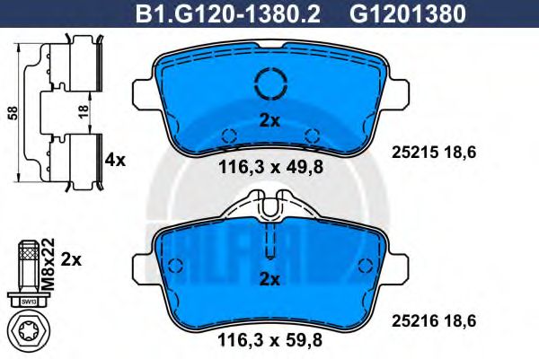 Комплект тормозных колодок, дисковый тормоз GALFER B1.G120-1380.2