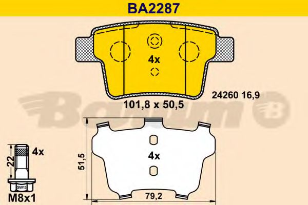 Комплект тормозных колодок, дисковый тормоз BARUM BA2287