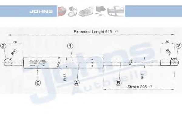 Газовая пружина, крышка багажник JOHNS 38 09 95-91