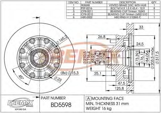 Тормозной диск FREMAX BD-5598