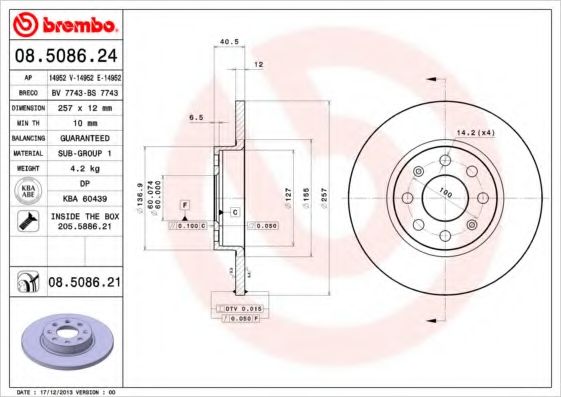 Тормозной диск BREMBO 08.5086.21