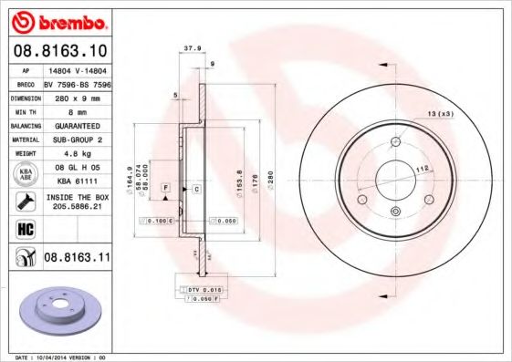 Тормозной диск BREMBO 08.8163.11