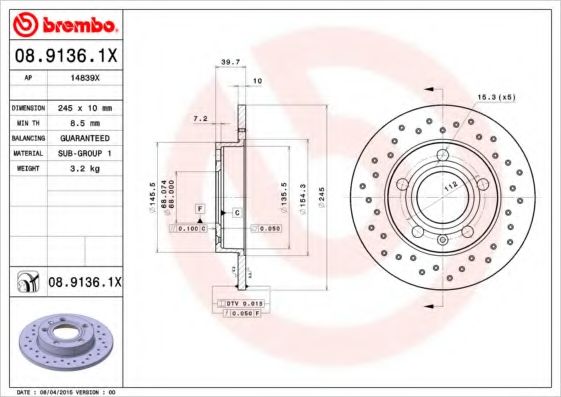 Тормозной диск BREMBO 08.9136.1X