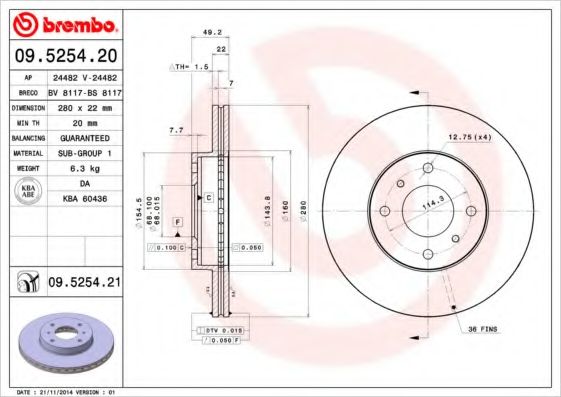 Тормозной диск BREMBO 09.5254.21