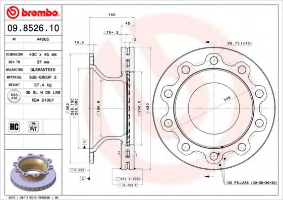 Тормозной диск BREMBO 09.8526.10