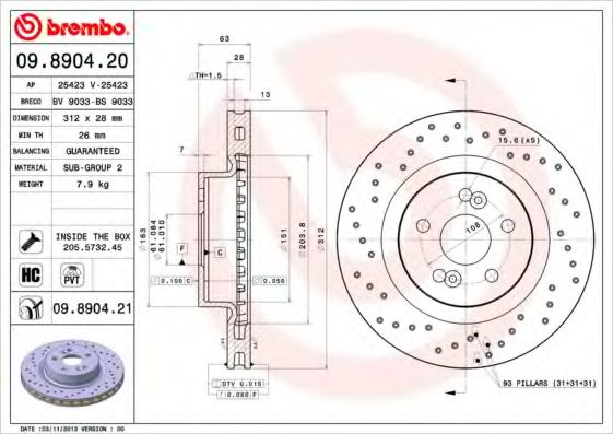 Тормозной диск BREMBO 09.8904.21