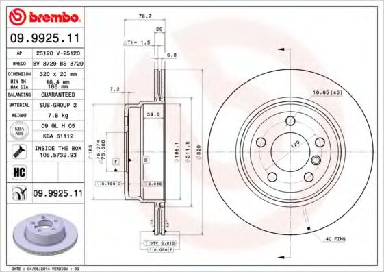 Тормозной диск BREMBO 09.9925.11