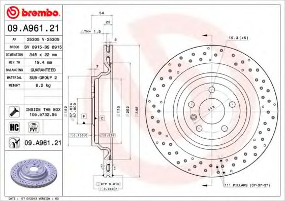 Тормозной диск BREMBO 09.A961.21