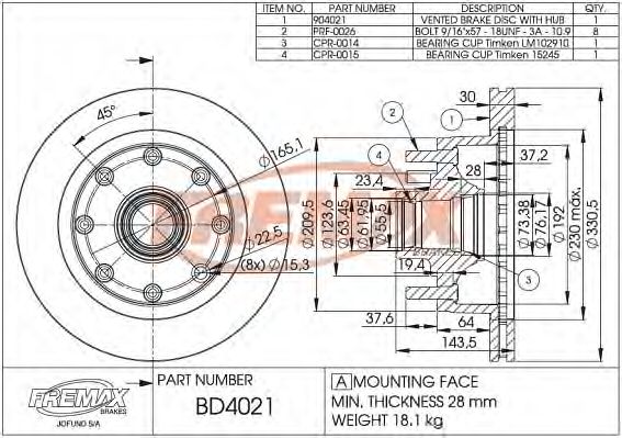 Тормозной диск FREMAX BD-4021