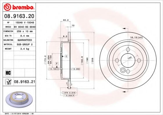 Тормозной диск BREMBO 08.9163.21