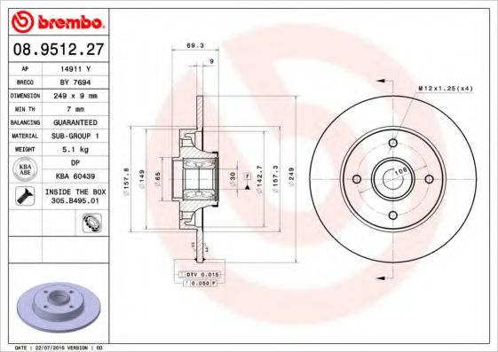 Тормозной диск BREMBO 08.9512.27