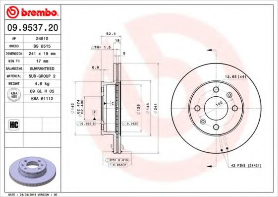 Тормозной диск BREMBO 09.9537.20