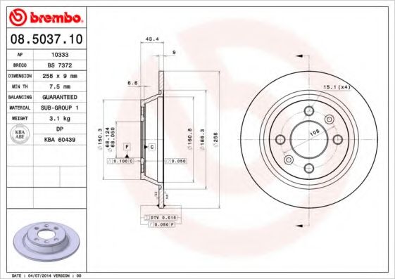 Тормозной диск BREMBO 08.5037.10