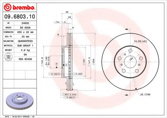 Тормозной диск BREMBO 09.6803.10