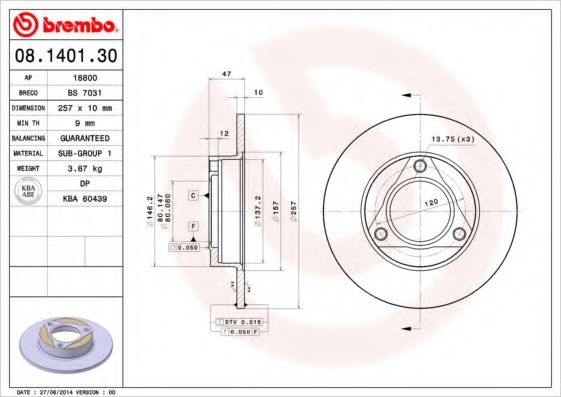 Тормозной диск BREMBO 08.1401.30