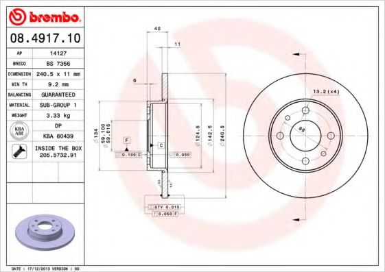 Тормозной диск BREMBO 08.4917.10